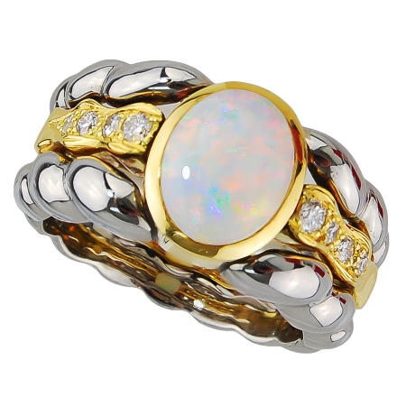 Triple Flowing Lines Opal & Diamond Ring in Stainless Steel & Yellow Gold