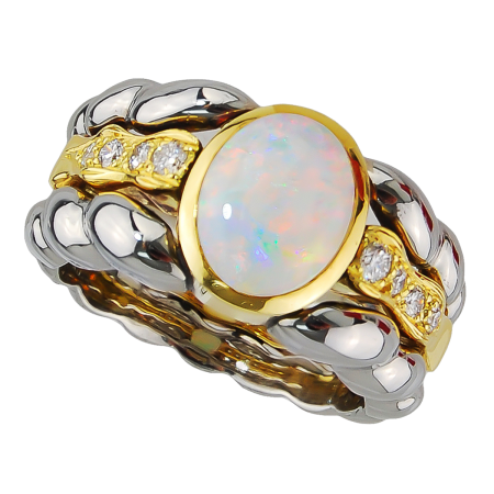 16769 Triple Flowing Lines Opal and Diamond Ring Designed & Handmade by Kaufmann de Suisse in Stainless Steel and 18k Yellow Gold featuring 1 Opal weighing 1.17cts mounted with 8 Round Brilliant
