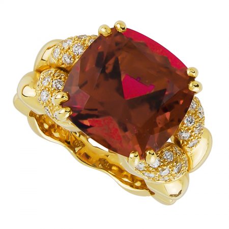 Rubelite and Diamond Ring, Handmade in 18k Yellow Gold with a Cushion Rubelite Weighing 14.54 Carats and 40 Round Diamonds Weighing .48 Carats