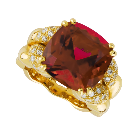 16780A Rubelite and Diamond Ring, Handmade in 18k Yellow Gold with a Cushion Rubelite Weighing 14.54 Carats and 40 Round Diamonds Weighing .48 Carats