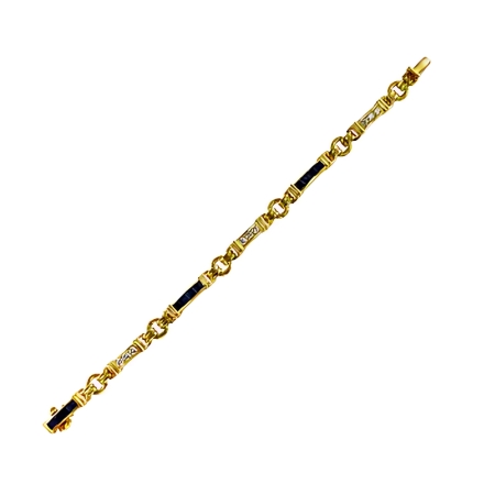 16841A Classic Sapphire & Diamond Link Bracelet Designed & Handmade by Kaufmann de Suisse in 18kt Yellow Gold featuring 12 Square cut Sapphires weighing a total of 2.43cts and 9 Round Brilliant Cu