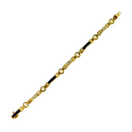 16841A Classic Sapphire & Diamond Link Bracelet Designed & Handmade by Kaufmann de Suisse in 18kt Yellow Gold featuring 12 Square cut Sapphires weighing a total of 2.43cts and 9 Round Brilliant Cu