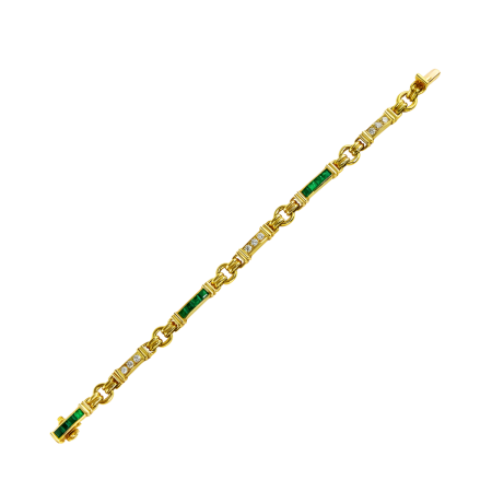 16842 Classic Emerald & Diamond Link Bracelet Designed & Handmade by Kaufmann de Suisse in 18kt Yellow Gold featuring 12 Square cut Emeralds weighing a total of 1.97cts and 9 Round Brilliant Cut F