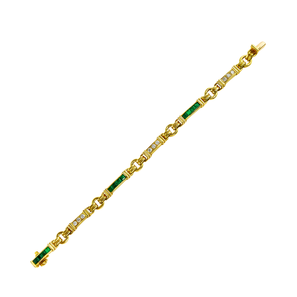 16842 Classic Emerald & Diamond Link Bracelet Designed & Handmade by Kaufmann de Suisse in 18kt Yellow Gold featuring 12 Square cut Emeralds weighing a total of 1.97cts and 9 Round Brilliant Cut F