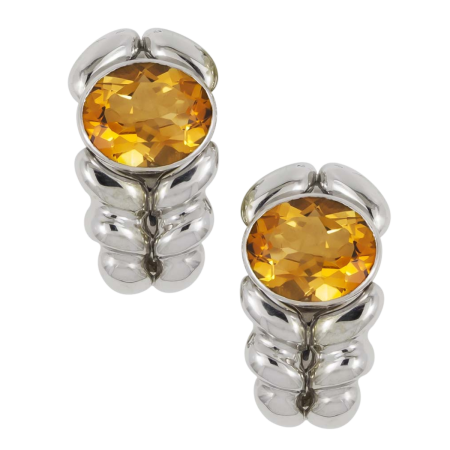 16968 Flowing Lines Citrine Earrings, Handmade in 18k White Gold with 2 Bezel Set Oval Citrines.