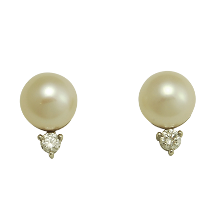 17079 Pearl & Diamond Studs Designed & Handmade by Kaufmann de Suisse in 18kt White Gold featuring 2 Akoya Pearls measuring 10mm and 2 Round Brilliant cut FVVS Quality Diamonds weighing a total of