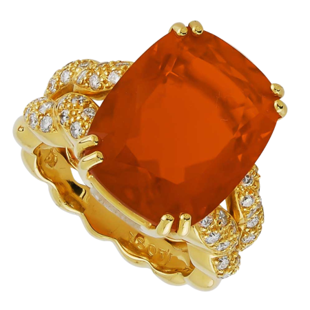 17081 Double Flowing Lines Fire Opal and Diamond Ring Designed and Handmade by Kaufmann de Suisse in 18kt Yellow Gold featuring 1 Cushion Cut Fire Opal