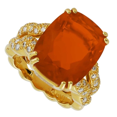 Double Flowing Lines Fire Opal and Diamond Ring in Yellow Gold