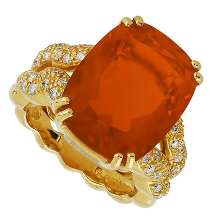 Double Flowing Lines Fire Opal and Diamond Ring in Yellow Gold