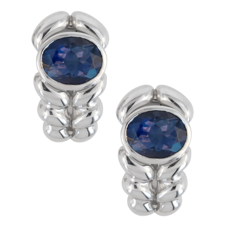 17124 Double Flowing Lines Lolite Earrings, Handmade in 18k White Gold with 2 Bezel Set Oval Iolites Weighing 5.12 Carats Total