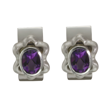 17126 Amethyst and White Gold Earrings, Handmade in 18k White Gold with 2 Bezel Set Oval Amethyst Weighing 1.40 Carats Total