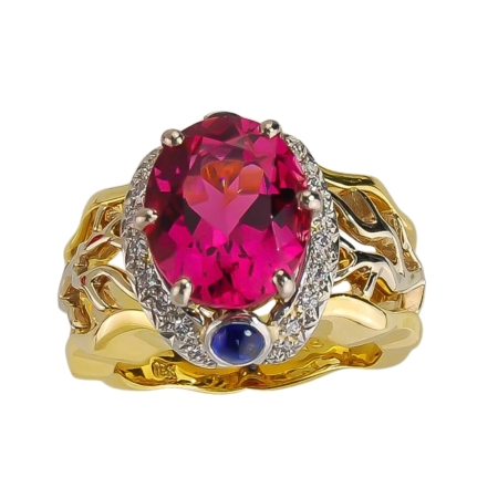 17161-Designer Pink Tourmaline Ring with Sapphire Cabochons & Diamonds in Yellow Gold