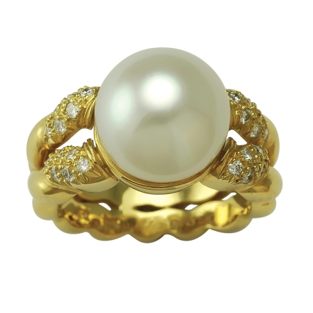 17239 Double Flowing Lines South Sea Pearl & Diamond Ring featuring one 11.7mm AAA South Sea Pearl and 32 round Brilliant cut FVVS Quality Diamonds weighing a total of 0.34cts