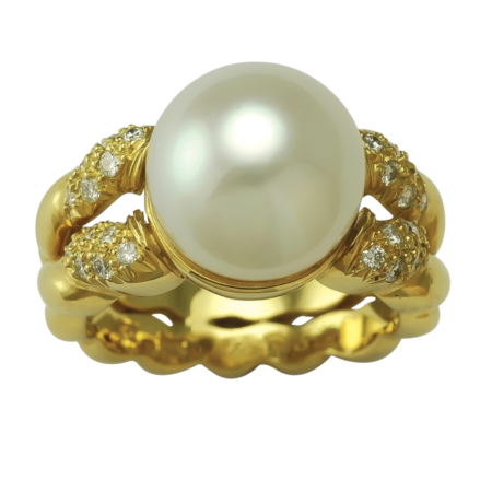 17239 Double Flowing Lines South Sea Pearl & Diamond Ring featuring one 11.7mm AAA South Sea Pearl and 32 round Brilliant cut FVVS Quality Diamonds weighing a total of 0.34cts