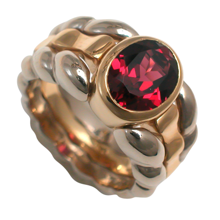 17337 Rhodolite Ring, Handmade in 18k White and Yellow Gold with a Bezel Set Oval Tourmaline Weighing 2.36 Carats