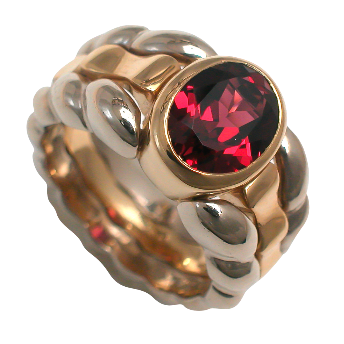 17337 Rhodolite Ring, Handmade in 18k White and Yellow Gold with a Bezel Set Oval Tourmaline Weighing 2.36 Carats