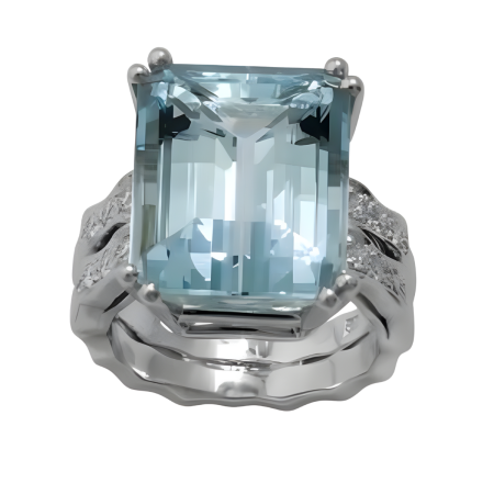 17353 Double Flowing Lines Aquamarine & Diamond Ring Designed and Handmade in Platinum by Kaufmann de Suisse featuring 1 Emerald Cut Aquamarine weighing a total of 12.30cts mounted with 16 Round
