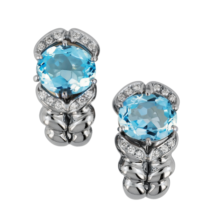 17452 Double Flowing Lines Blue Topaz Earclips, Handmade in 18k White Gold with 2 Oval Blue Topaz's Weighing 11.67 Carats Total and 24 Round Diamonds Weighing .30 Carats Total (1)