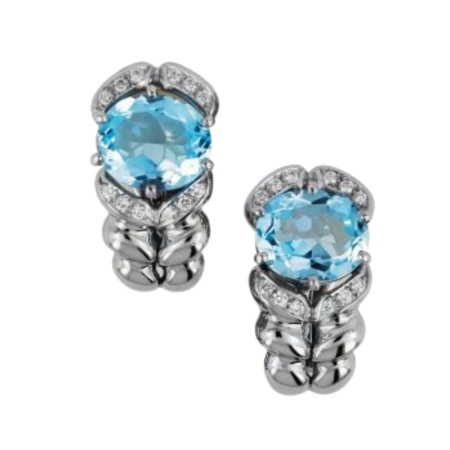 17452 Double Flowing Lines Blue Topaz Earclips, Handmade in 18k White Gold with 2 Oval Blue Topaz's Weighing 11.67 Carats Total and 24 Round Diamonds Weighing .30 Carats Total