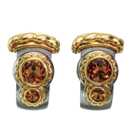 17530 Callista Citrine Earclips, Handmade in 18k Yellow Gold and Stainless Steel with 2 Bezel Set Oval Citrines Weighing 3.26 Carats Total and 2 Bezel Set Round Citrines Weighing .65 Carats Total