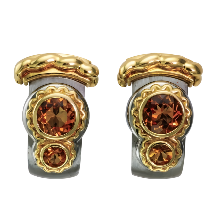 17530 Callista Citrine Earclips, Handmade in 18k Yellow Gold and Stainless Steel with 2 Bezel Set Oval Citrines Weighing 3.26 Carats Total and 2 Bezel Set Round Citrines Weighing .65 Carats Total