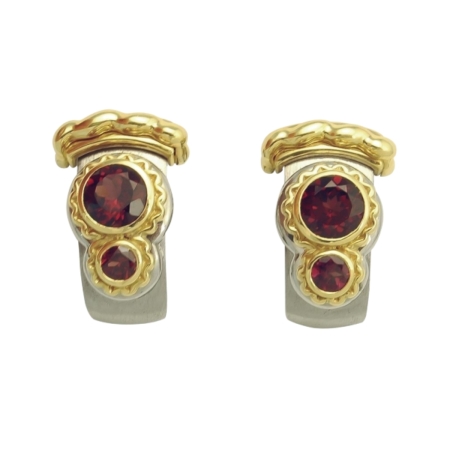 17531 Callista Rhodolite Garnet Earclips Designed & Handmade by Kaufmann de Suisse in Stainless Steel and 18kt Yellow Gold featuring 4 Round Rhodolite Garnets weighing a total of 3.72cts