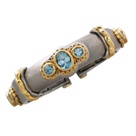 17534 Wide Aquamarine Callista Bangle Designed & Handmade by Kaufmann de Suisse in Stainless Steel and 18kt Yellow Gold featuring 3 Oval Aquamarines weighing a total of 5.11cts and 6 Round Aquamar