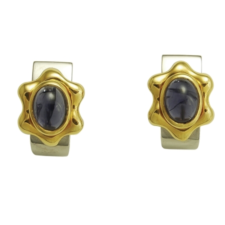 17622 Iolite Callista Clip Earrings Designed & Handmade by Kaufmann de Suisse in Stainless Steel and 18kt Yellow Gold featuring 2 Cabochon cut Iolites weighing a total of 2.60cts