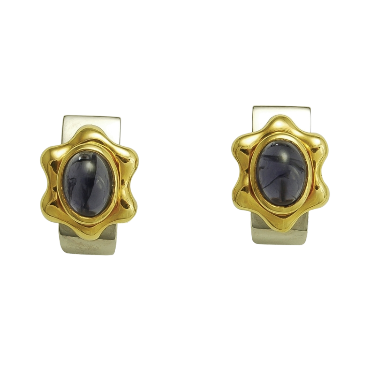 17622 Iolite Callista Clip Earrings Designed & Handmade by Kaufmann de Suisse in Stainless Steel and 18kt Yellow Gold featuring 2 Cabochon cut Iolites weighing a total of 2.60cts