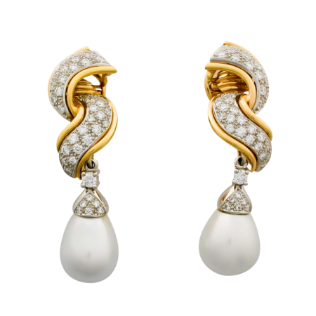 17640 South Sea & Diamond Dangle Drop Detacheable Drop Earrings Designed & Handmade by Kaufmann de Suisse in 18kt Yellow Gold & Platinum featuring a detacheable 13.8mm Teardrop South Sea Pearl