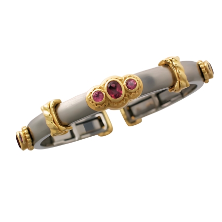 17786 Thin Pink Tourmaline Callista Bangle Designed & Handmade by Kaufmann de Suisse in Stainless Steel and 18kt Yellow Gold featuring 9 Mixed Cut Pink Tourmalines weighing a total of 1.76cts