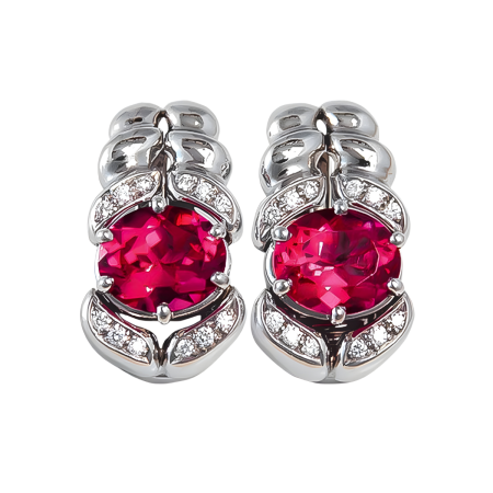 17925 Pink Tourmaline and Diamond Earrings, Handmade in 18k White Gold with 2 Oval Pink Tourmalines Weighing 7.45 Carats Total and 24 Round Diamonds F VVS Weighing .34 Carats Total