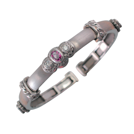 17932 Thin Pink Sapphire & Diamond Callista Bangle Designed & Handmade by Kaufmann de Suisse in 18kt White Gold featuring 3 Oval Pink Sapphires weighing a total of 1.27cts and 6 Round Brilliant Cu