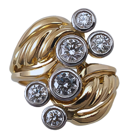 18029 Flowing Lines Diamond Bubble Ring Designed & Handmade by Kaufmann de Suisse in 18kt Yellow Gold featuring 6 Round Brilliant Cut FVVS Quality Diamonds weighing a total of 0.84cts