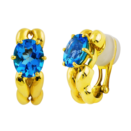 18047 Double Flowing Lines Earclips, Handmade in 18k Yellow Gold with 2 Oval Blue Topaz's Weighing 6.00 Carats Total