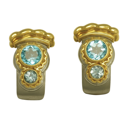 18078 Callista Blue Topaz Earrings, Handmade in 18k Yellow Gold with 4 Bezel Set Round Blue Topaz's Weighing 5.54 Carats Total
