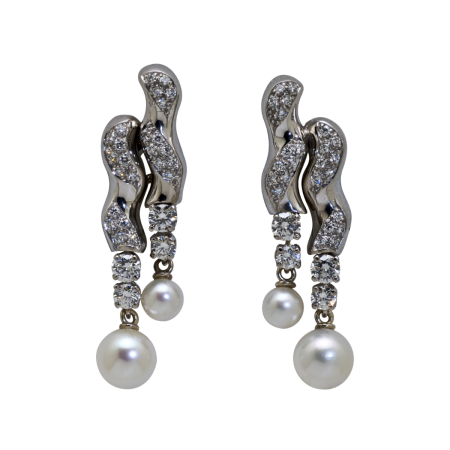 18096 Flowing Lines Pearl & Diamond Dangle Drop Earrings Designed & Handmade by Kaufmann de Suisse in 18kt White Gold featuring 4 Akoya Pearls measuring 5 8mm and 56 Round Brilliant