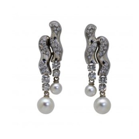 18096 Flowing Lines Pearl & Diamond Dangle Drop Earrings Designed & Handmade by Kaufmann de Suisse in 18kt White Gold featuring 4 Akoya Pearls measuring 5 8mm and 56 Round Brilliant cut FVVS Quali