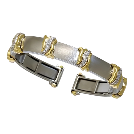 18242 Callista Diamond Clip Bangle Bracelet, Handmade in 18k Yellow Gold, Platinum and Stainless Steel with 36 Round Diamonds F VVS Weighing .36 Carats Total