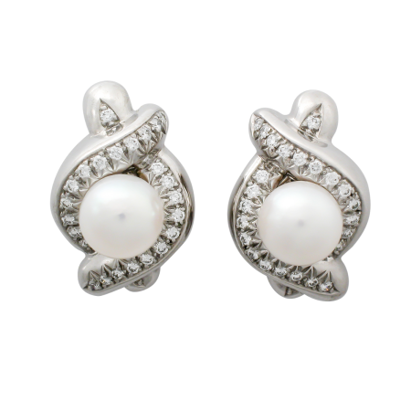 18351 Cultured Pearl Earrings measuring 8mm with a crossover design of 48 round diamonds in 18k white gold for .48 CTS.
