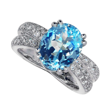 18580 Blue Topaz and Diamond Ring, Handmade in Platinum with 1 Oval Blue Topaz Weighing 4.60 Carats and 46 Round Diamonds F VVS Weighing .50 Carats