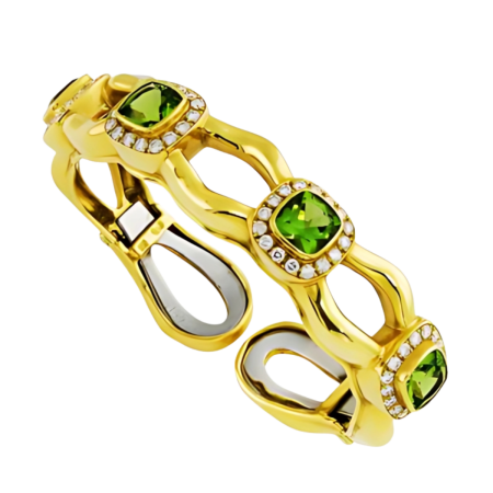 18743 Tsarina Peridot & Diamond Clip Bangle Bracelet Designed & Handmade by Kaufmann de Suisse in 18kt Yellow Gold featuring 4 Cushion cut Bezel Set Peridots weighing