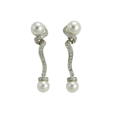 18886 Pearl & Diamond Swirl Drop Earrings Designed and Handmade by Kaufmann de Suisse in 18kt White Gold featuring 4 Cultured Pearls measuring 7.5 8.5mm and 60 Round Brilliant cut FVVS Quality D (1)