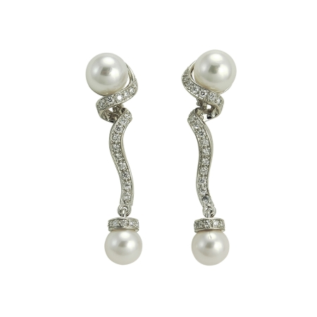 18886 Pearl & Diamond Swirl Drop Earrings Designed and Handmade by Kaufmann de Suisse in 18kt White Gold featuring 4 Cultured Pearls measuring 7.5 8.5mm and 60 Round Brilliant cut FVVS Quality D