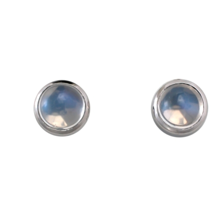 18900 Moonstone Earrings, Handmade in 18k White Gold with 2 Round Bezel Set Moonstones Measuring 2.8mm Wide and Weighing 1.55 Carats Total