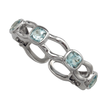 19066 Blue Topaz Tzarina Clip Bangle Bracelet Designed & Handmade by Kaufmann de Suisse in 18kt White Gold featuring 4 Cushion Cut Blue Topaz weighing a total of 20.09cts