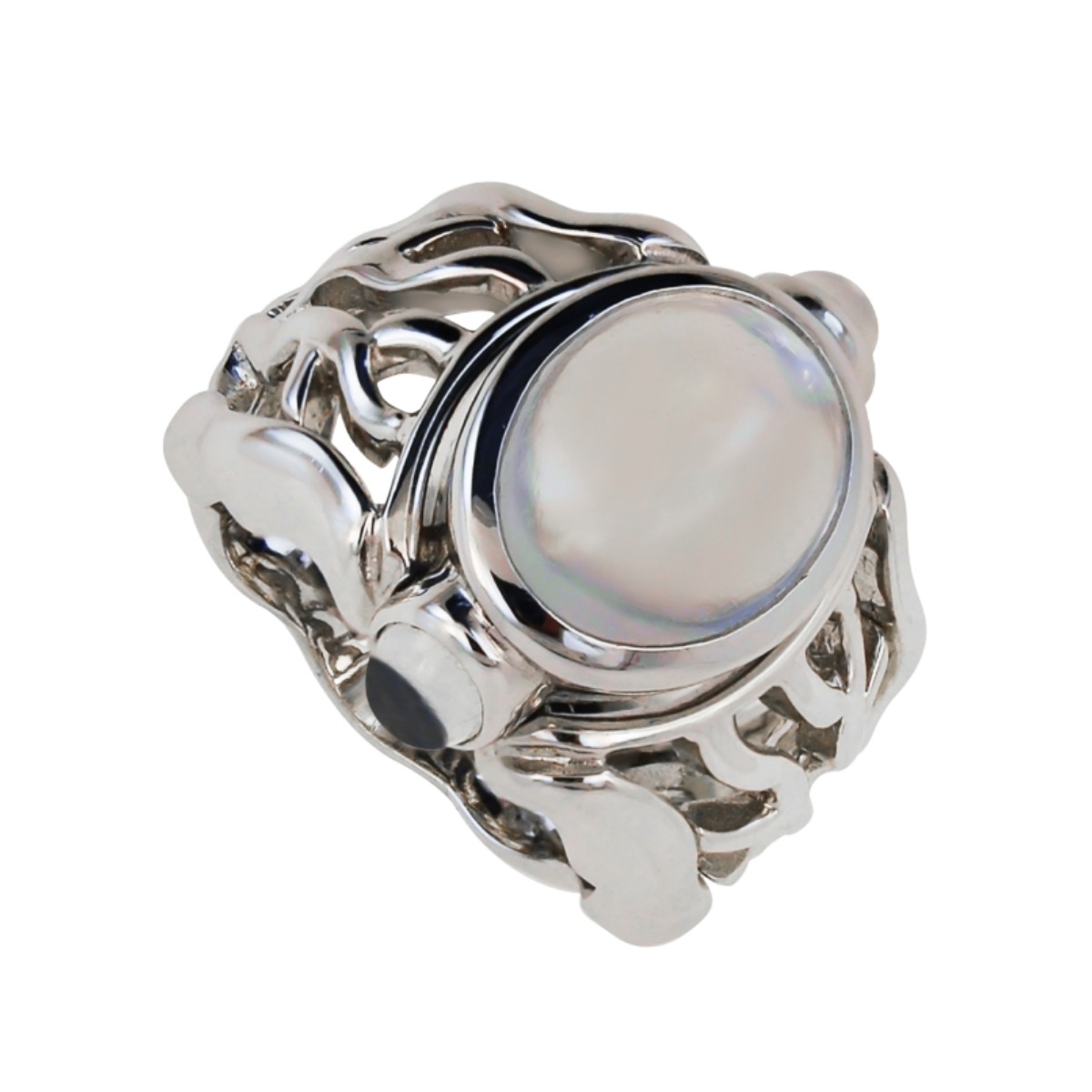 19262 Open Flowing Lines Moonstone Ring Designed & Handmade by Kaufmann de Suisse in 18kt White Gold featuring 1 Cabochon Cut Moonstone weighing 4.60cts flanked by two Cabochon Cut Moonstones weig