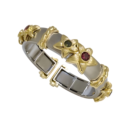 19554 Jasmin de Nuit Callista Clip Bangle Designed & Handmade by Kaufmann de Suisse in 18kt Yellow Gold & Stainless Steel featuring 3 Bezel Set Pink Tourmalines weighing a total of 1.98cts and 3 G