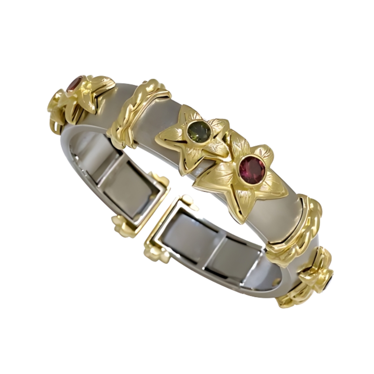19554 Jasmin de Nuit Callista Clip Bangle Designed & Handmade by Kaufmann de Suisse in 18kt Yellow Gold & Stainless Steel featuring 3 Bezel Set Pink Tourmalines weighing a total of 1.98cts and 3 G