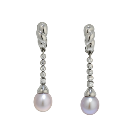 19600 Pearl & Diamond Dangle Drop Earrings Designed and Handmade by Kaufmann de Suisse in 18kt White Gold featuring 2 Rose Pearls measuring 10 11mm and 10 Round Brilliant cut FVVS Quality Diamonds